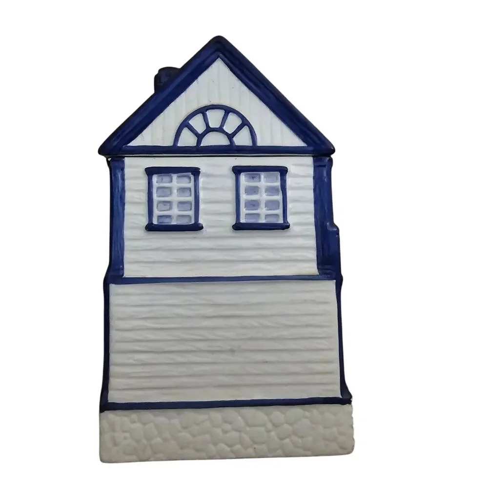 Vintage Blue & White Ceramic House Cookie Jar / Canister